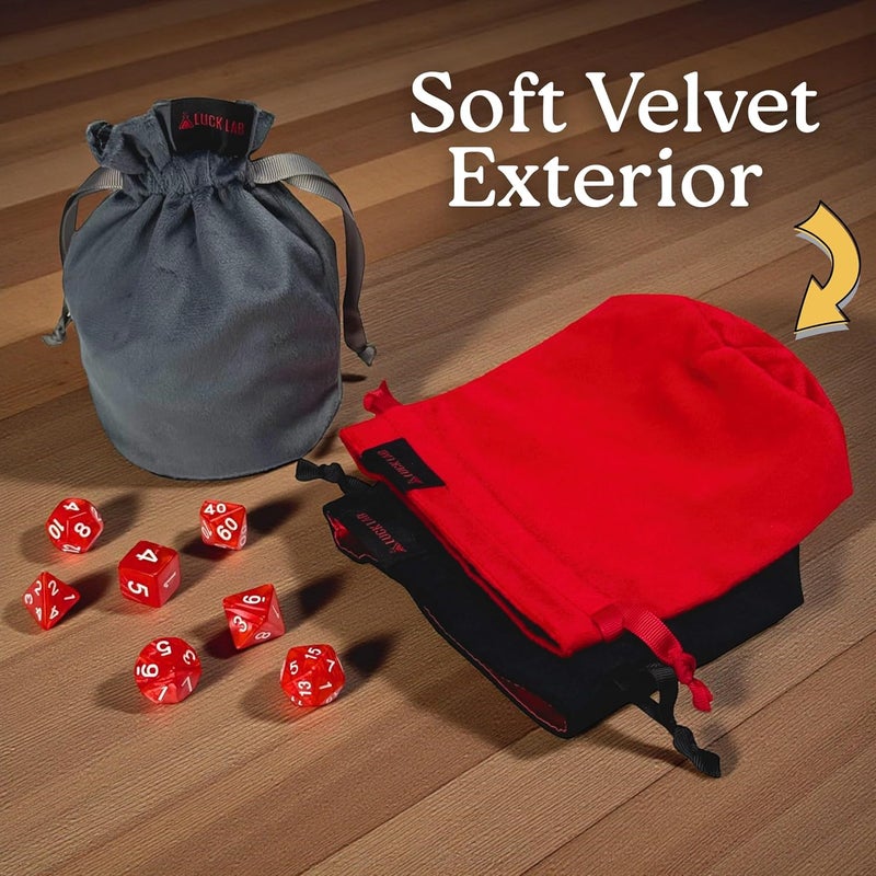 Luck Lab Velvet Drawstring Dice Bag - Set of Three Colors - Dungeons and Dragons Fabric/Standing Cotton Fabric Dice Bags/D&D Dice Pouch/Small Pouch/Velvet Jewelry Bag (Red, Black, Grey) - Image 3